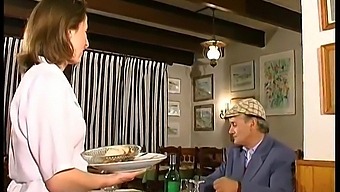 French Brunette Enjoys A Threesome With A Voyeuristic Older Man In A Restaurant